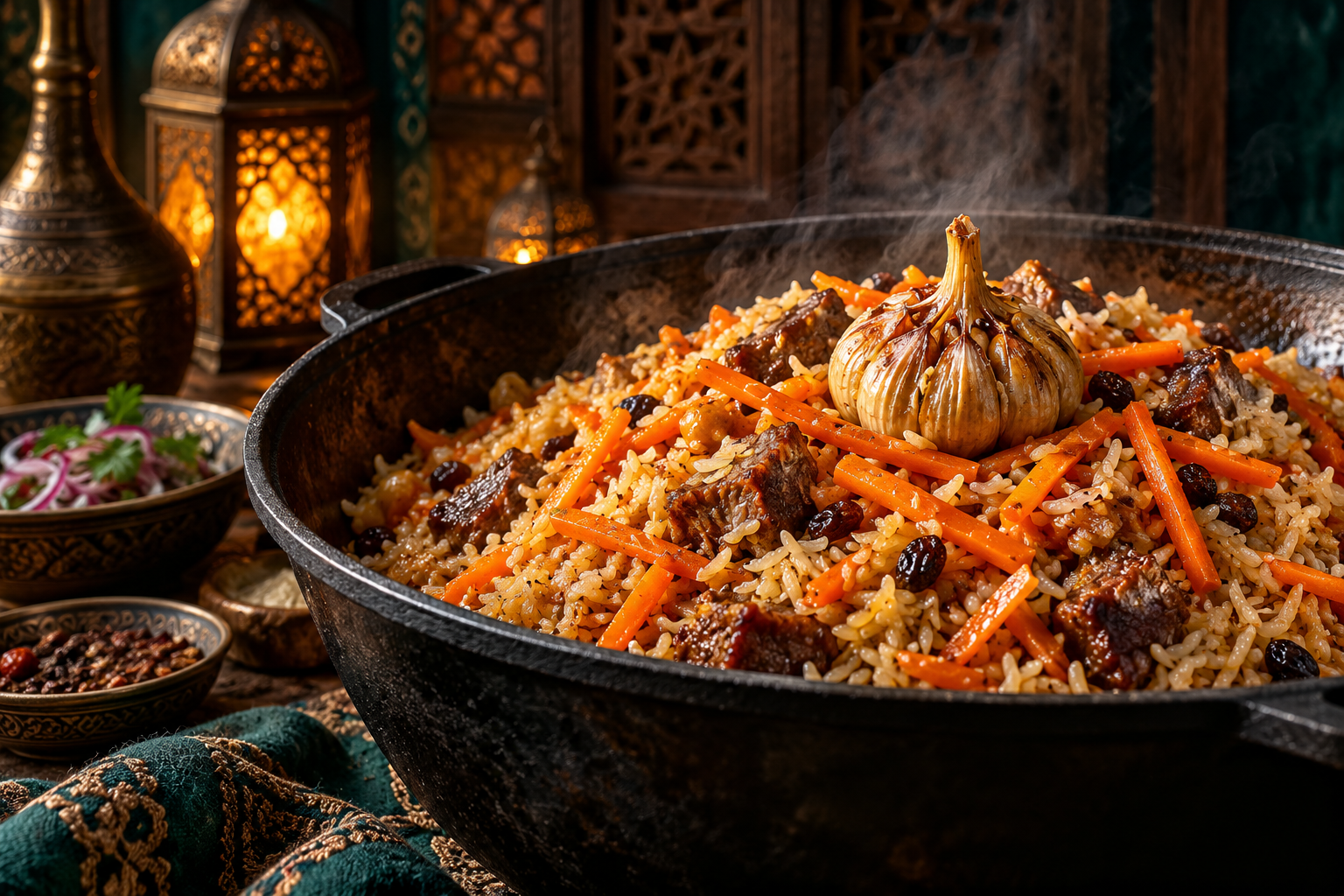 Editorial photograph illustrating carrots and garlic in plov: cut, prepare and plan