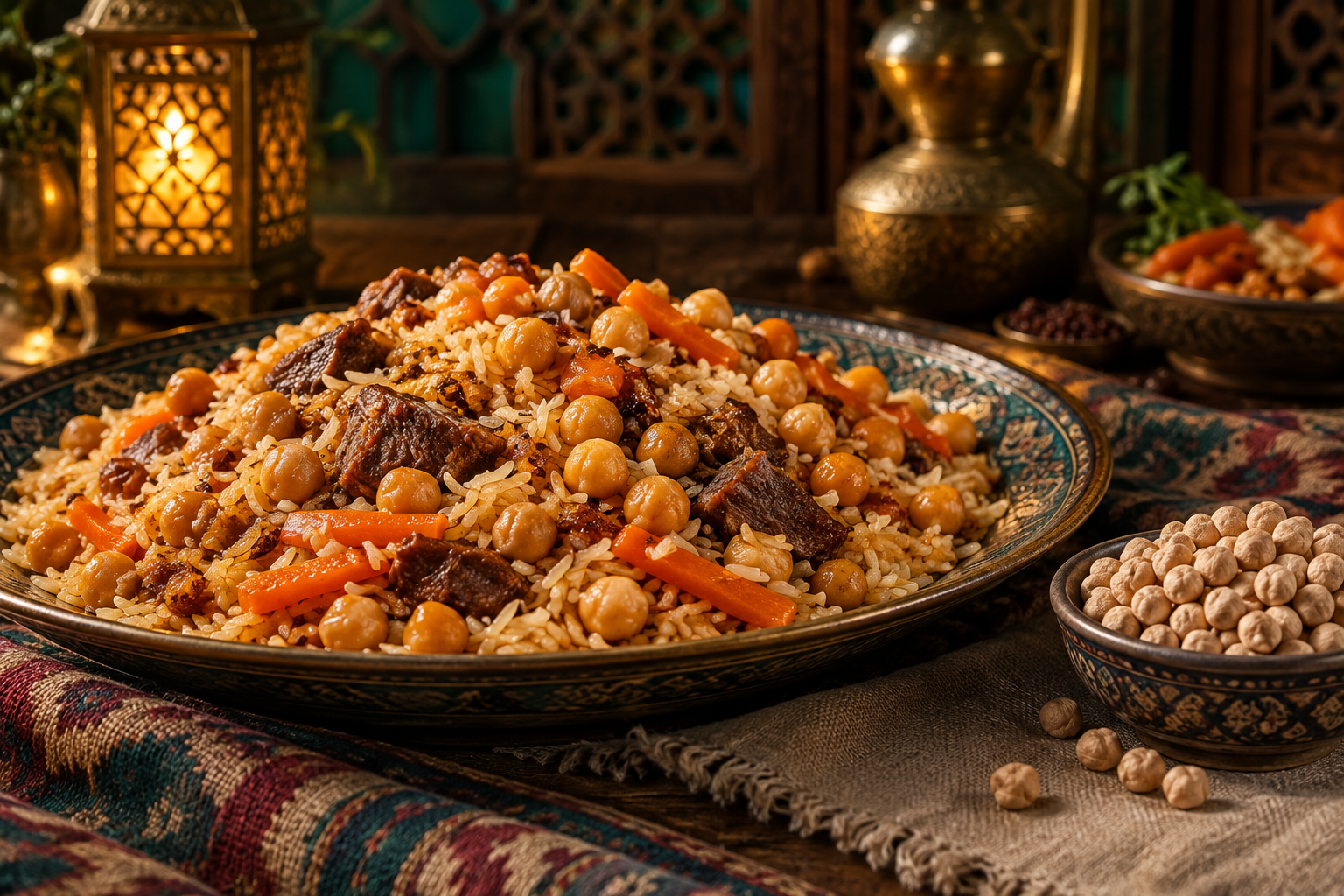 Editorial photograph illustrating chickpeas in plov: cooked, canned or dried?