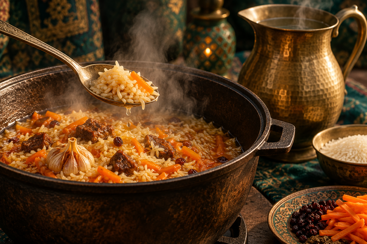 Editorial photograph illustrating hard rice in plov: check moisture, heat and timing