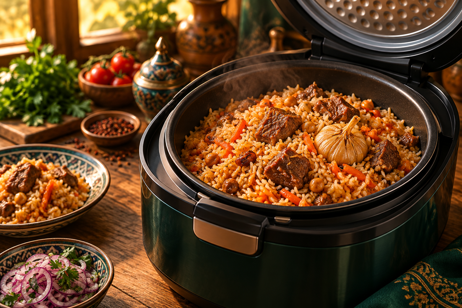 Editorial photograph illustrating instant pot plov: a pressure-cooker adaptation for home cooks