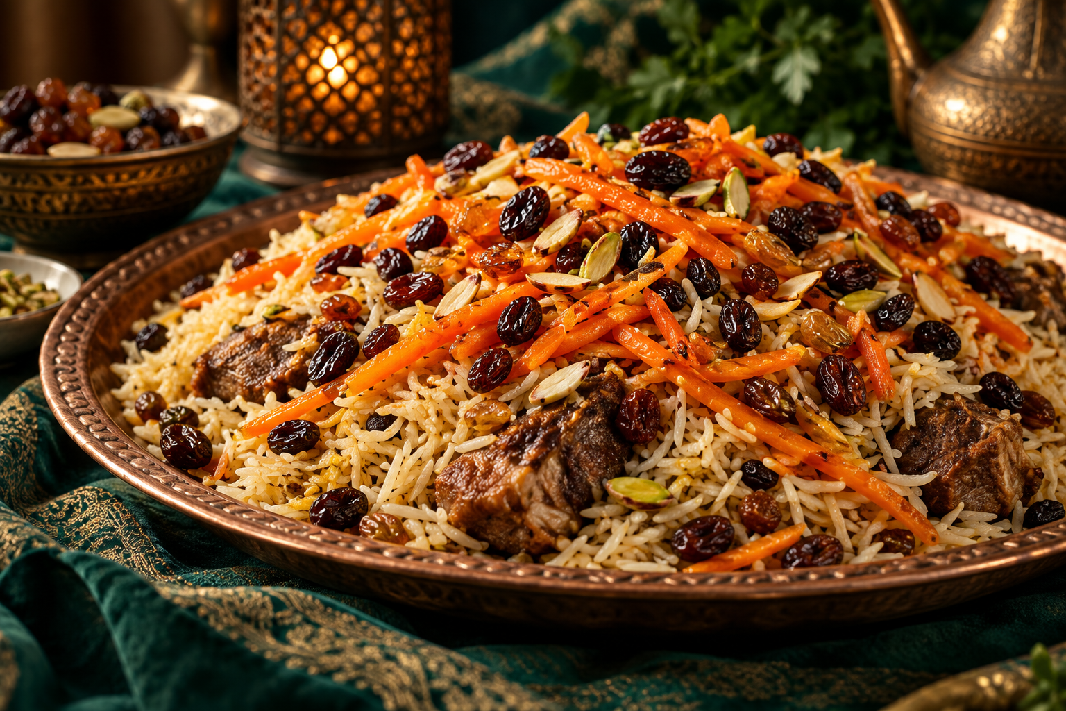 Editorial photograph illustrating kabuli pulao: carrots, raisins and a layered rice dish