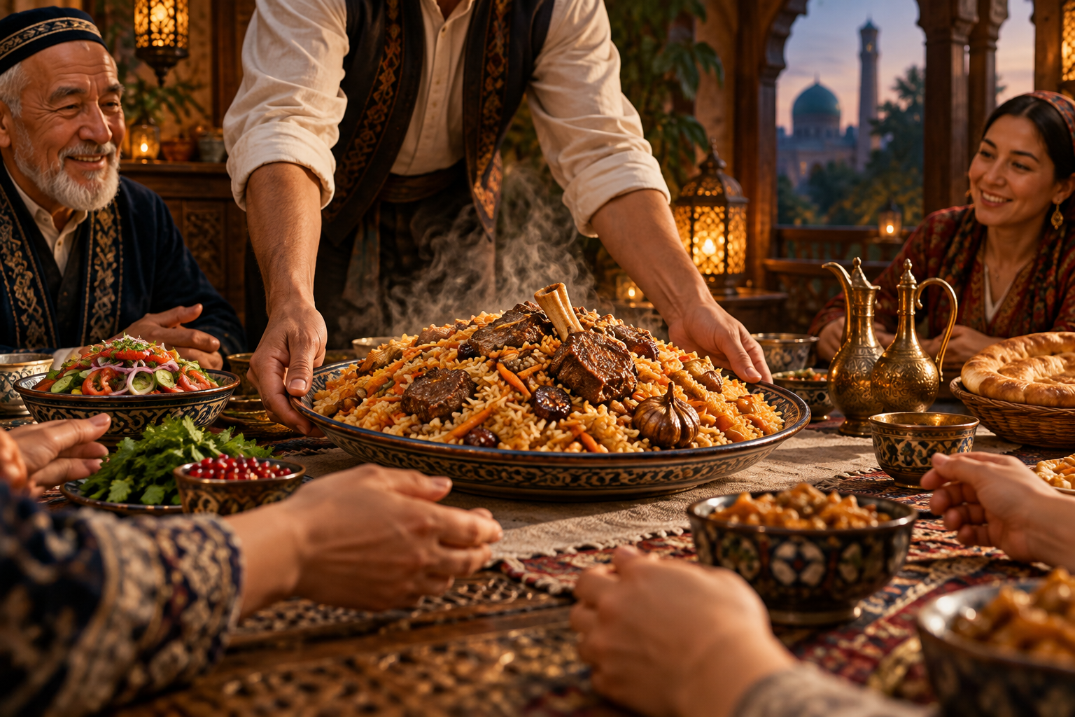 Editorial photograph of a shared platter of palov at a welcoming table