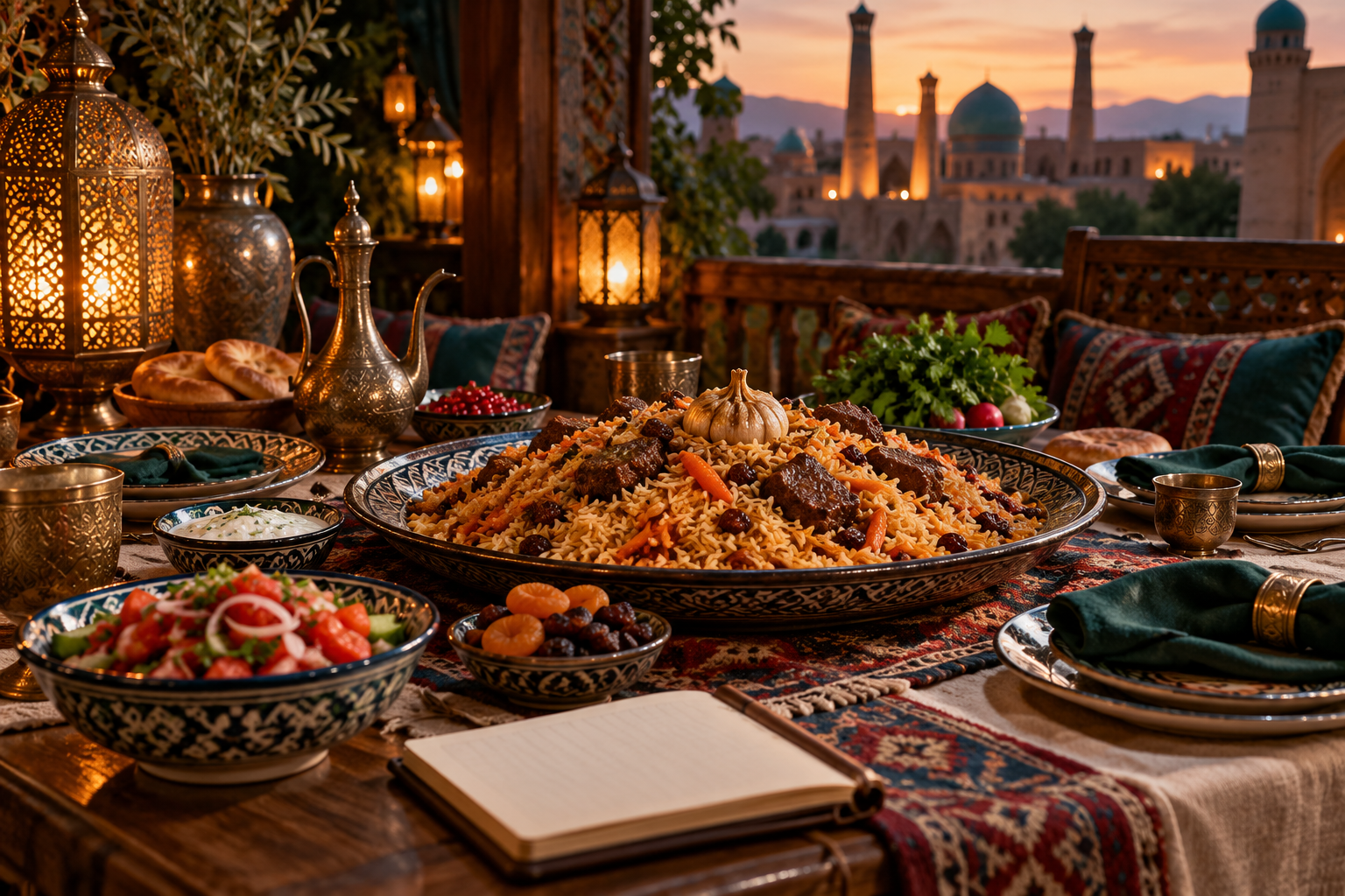 Editorial photograph of a dinner table prepared for a plov party