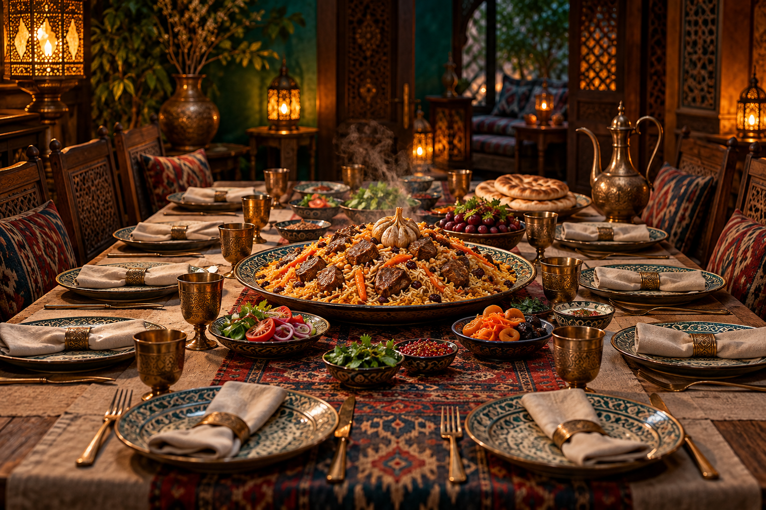 Editorial photograph illustrating plov for ten guests: portions, equipment and a timetable