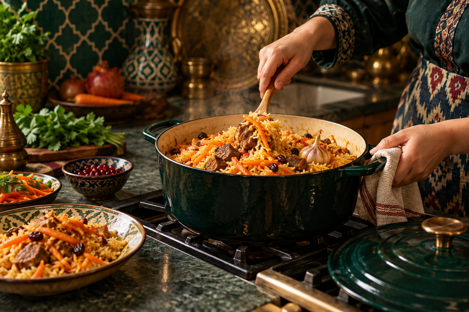 Editorial photograph illustrating plov in a dutch oven: adapt the equipment thoughtfully