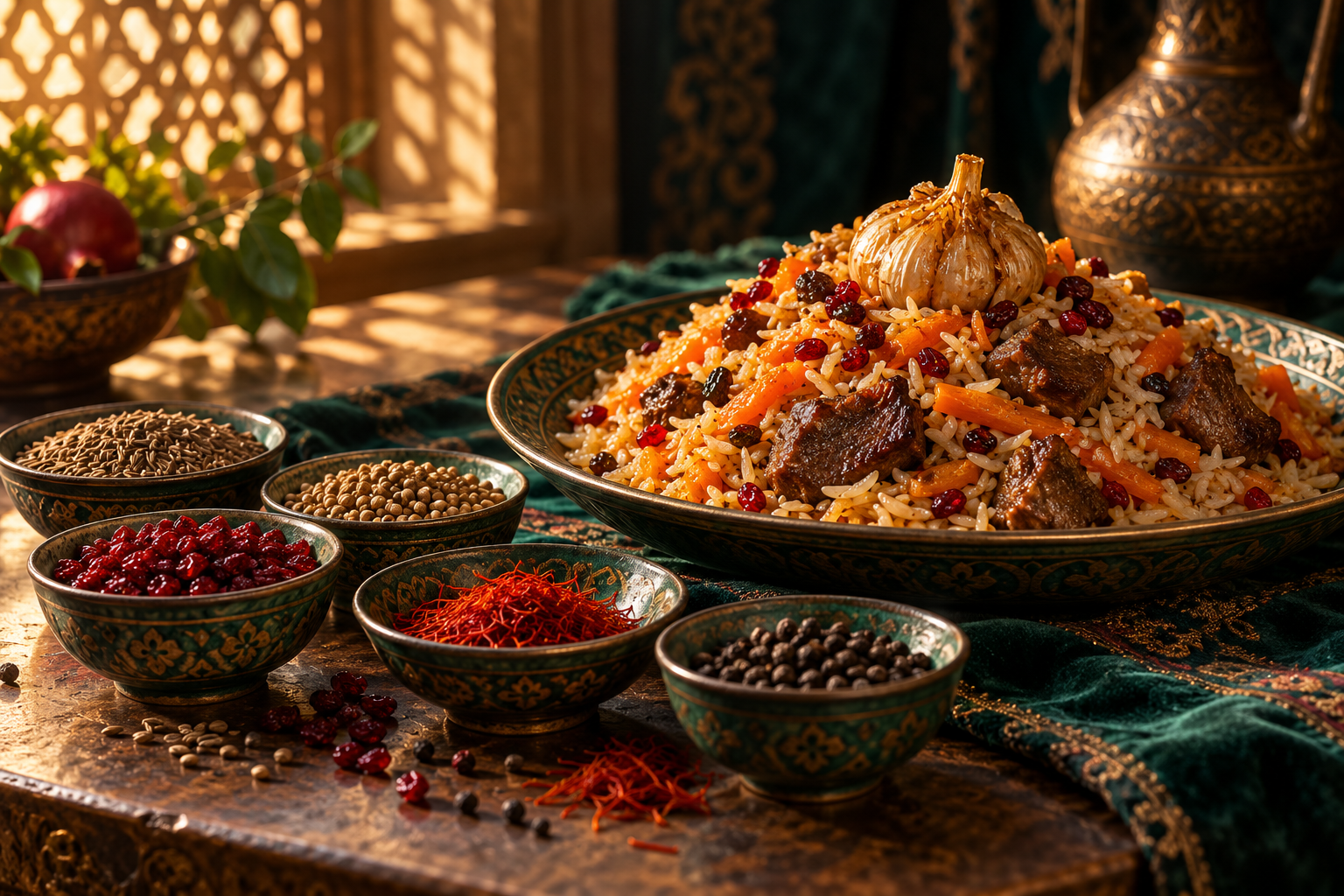 Editorial photograph illustrating plov spice blend: cumin, coriander and aromatic balance
