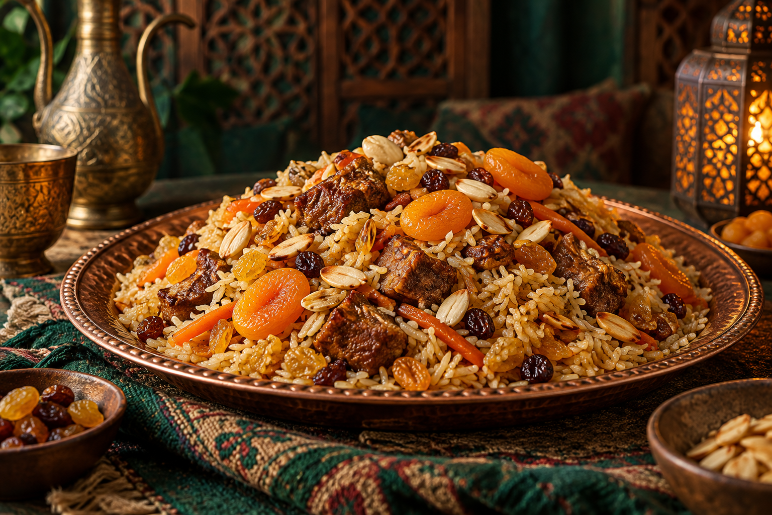 Editorial photograph illustrating raisins and dried fruit in plov: balance a savoury rice dish