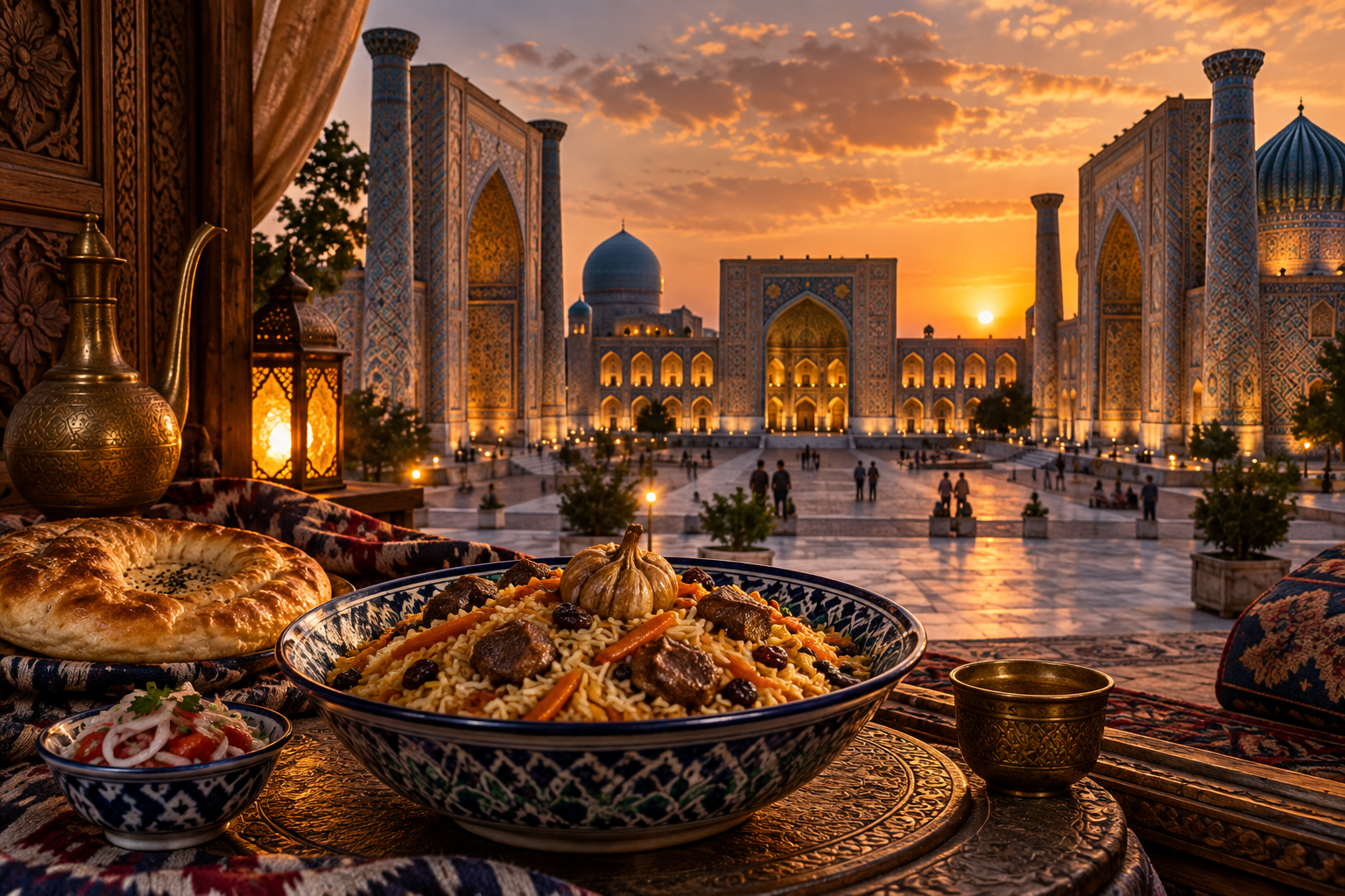 Editorial photograph of blue tiled Samarkand architecture with a plov bowl