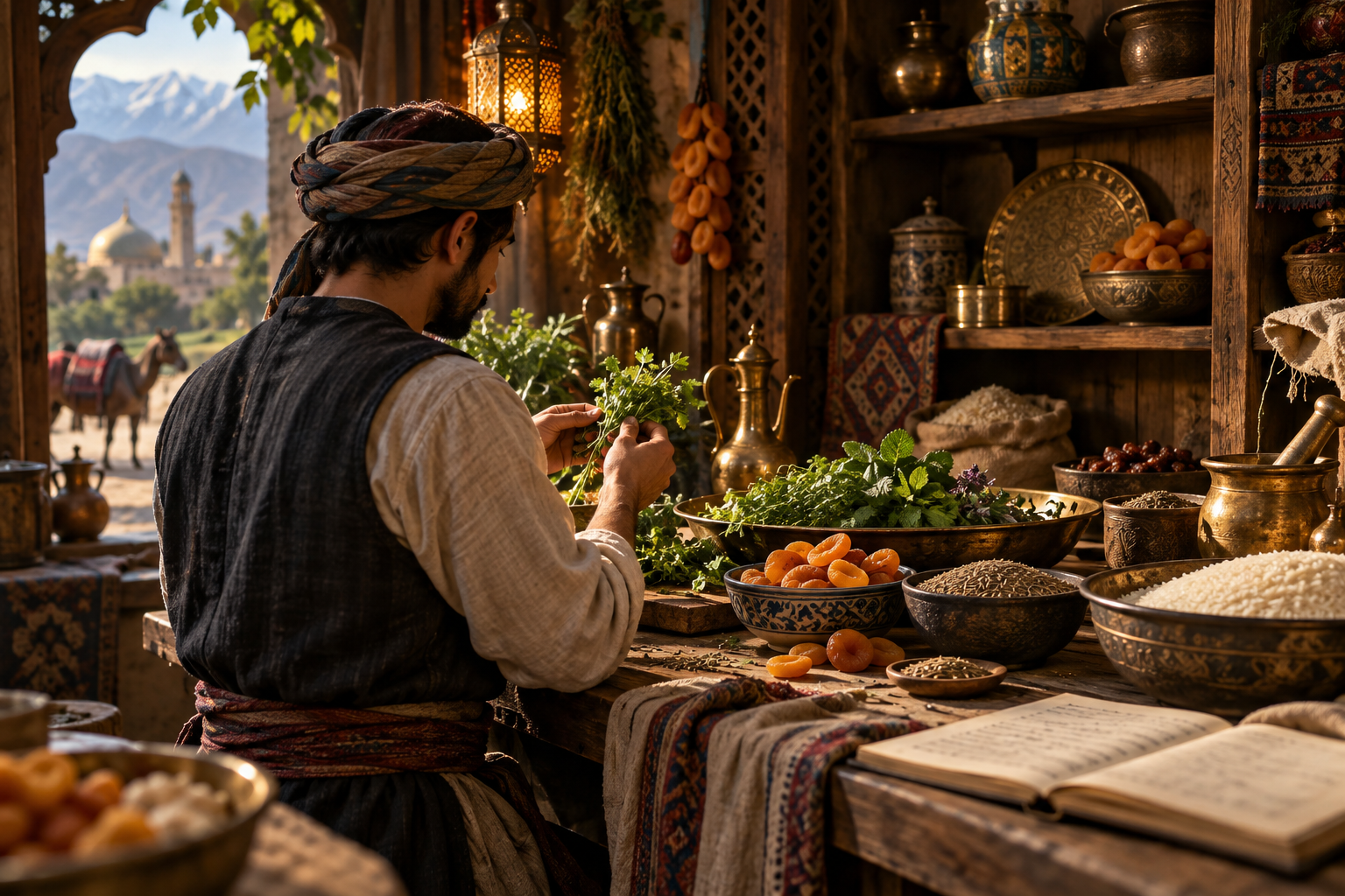 Editorial photograph of a cook comparing Silk Road pantry ingredients