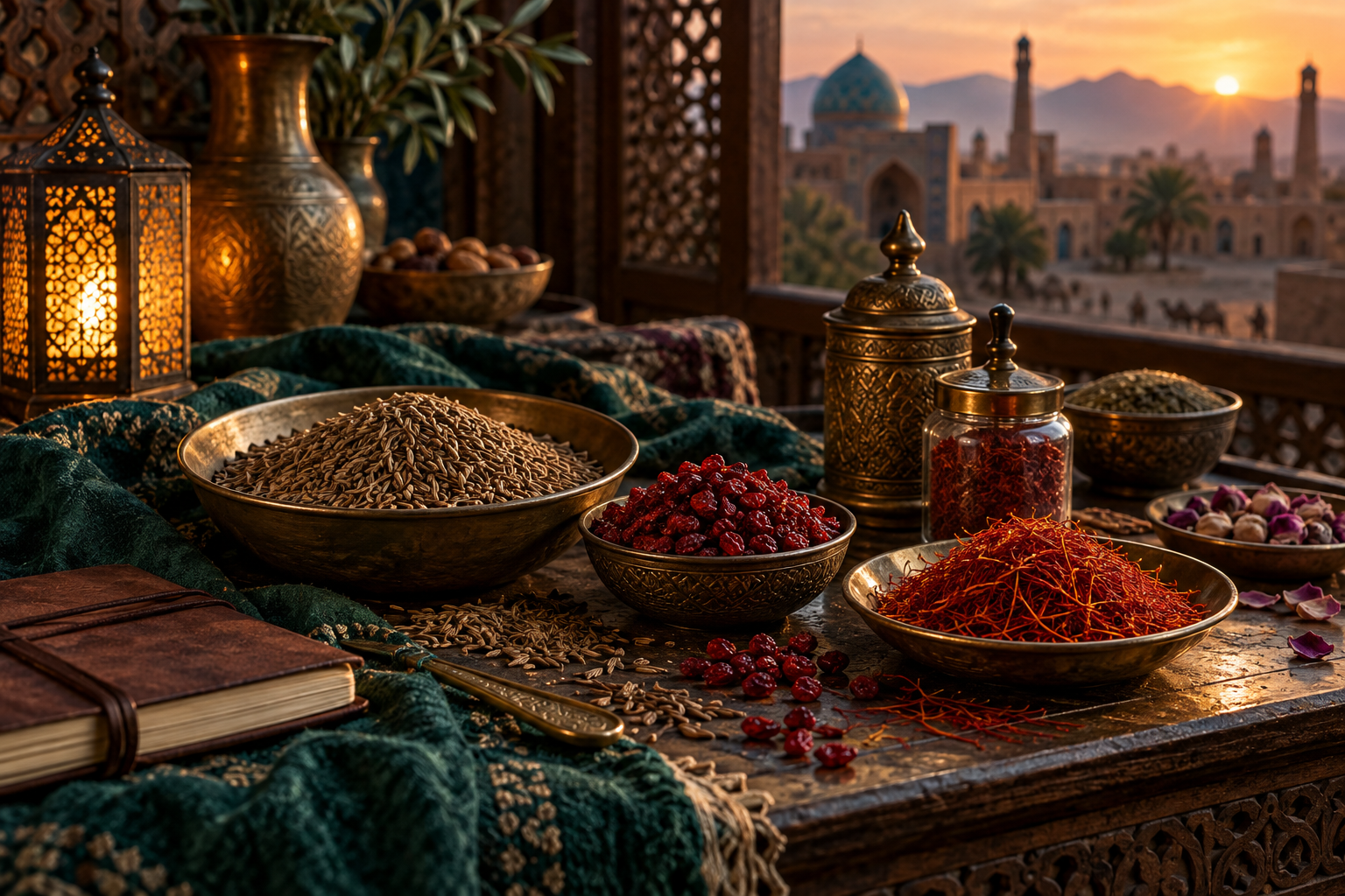 Editorial photograph of cumin, barberries and saffron beside a kitchen notebook