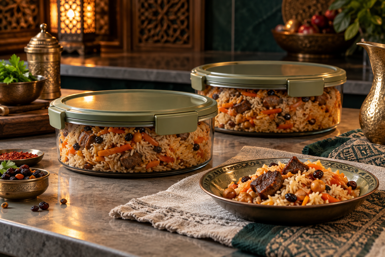 Editorial photograph illustrating how to store and reheat plov safely