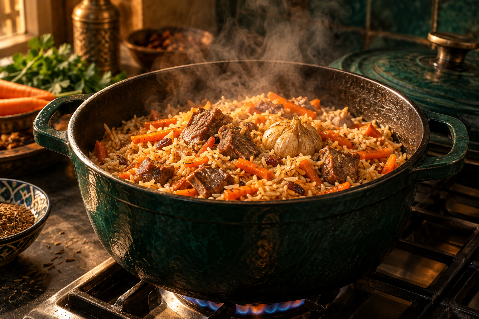 Editorial photograph illustrating stovetop plov in a stockpot: a home-kitchen method
