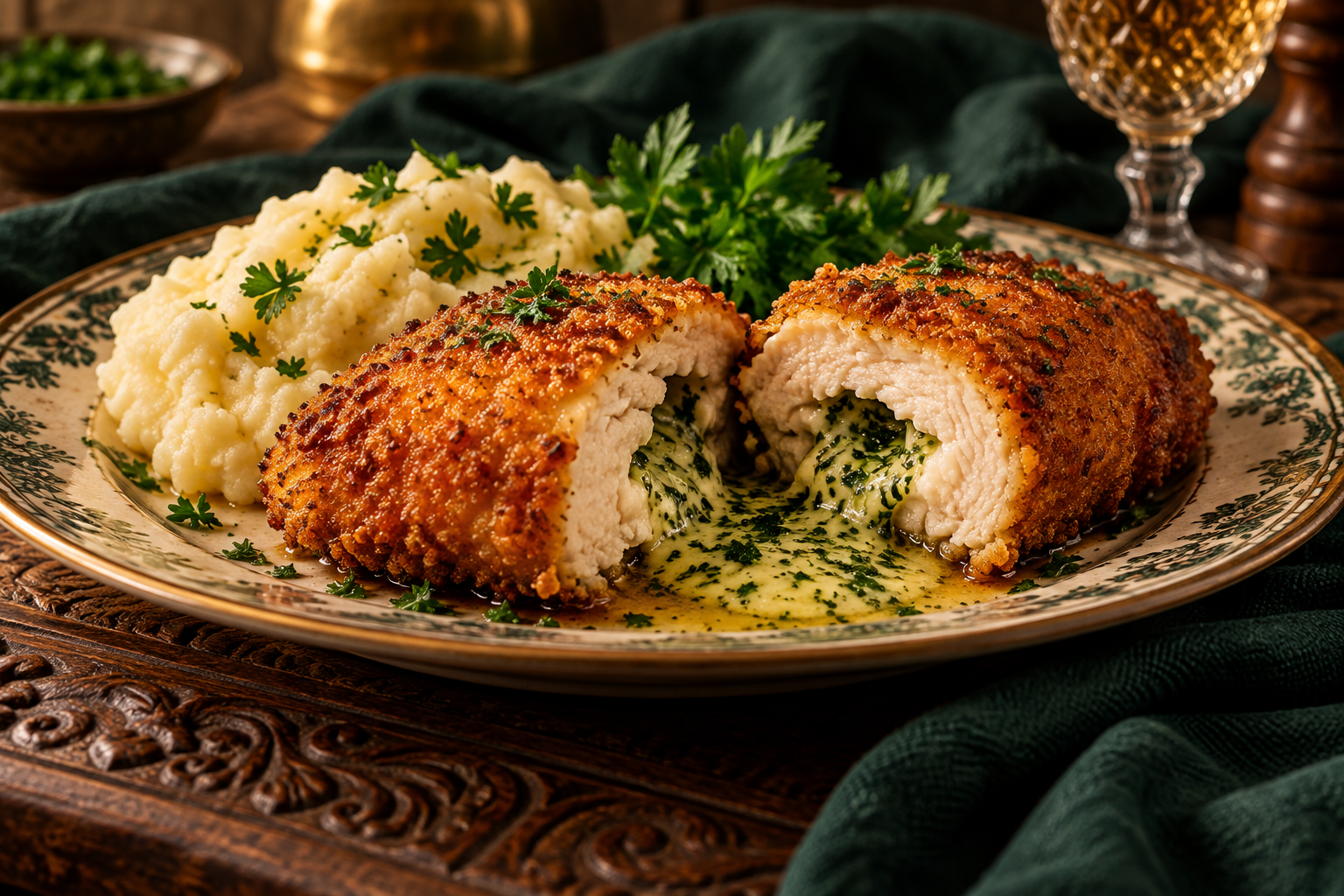 Golden Chicken Kyiv cut open to show herb butter filling