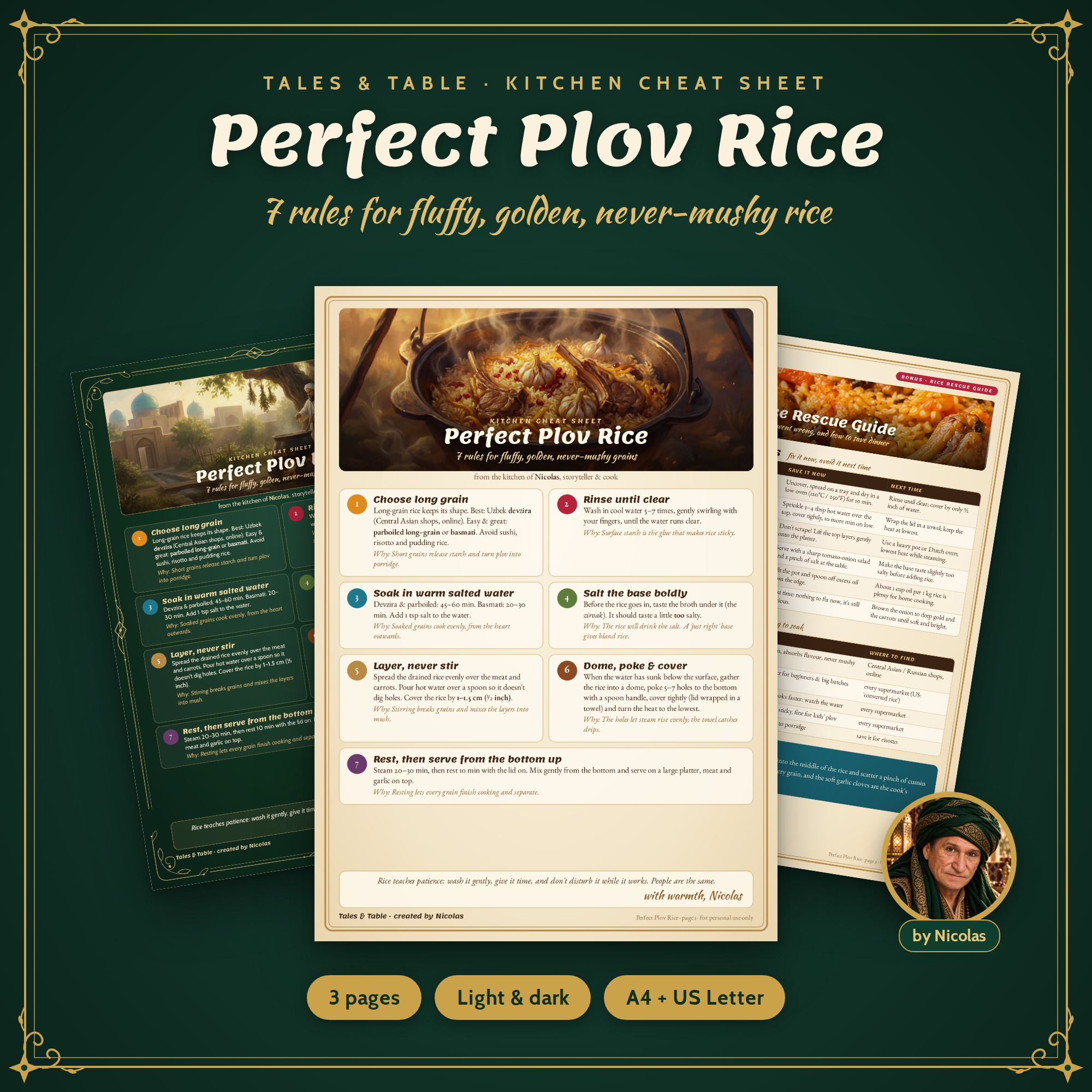 Perfect Plov Rice printable cheat sheet, light and dark versions, with 7 rules for fluffy rice and a rice rescue guide.