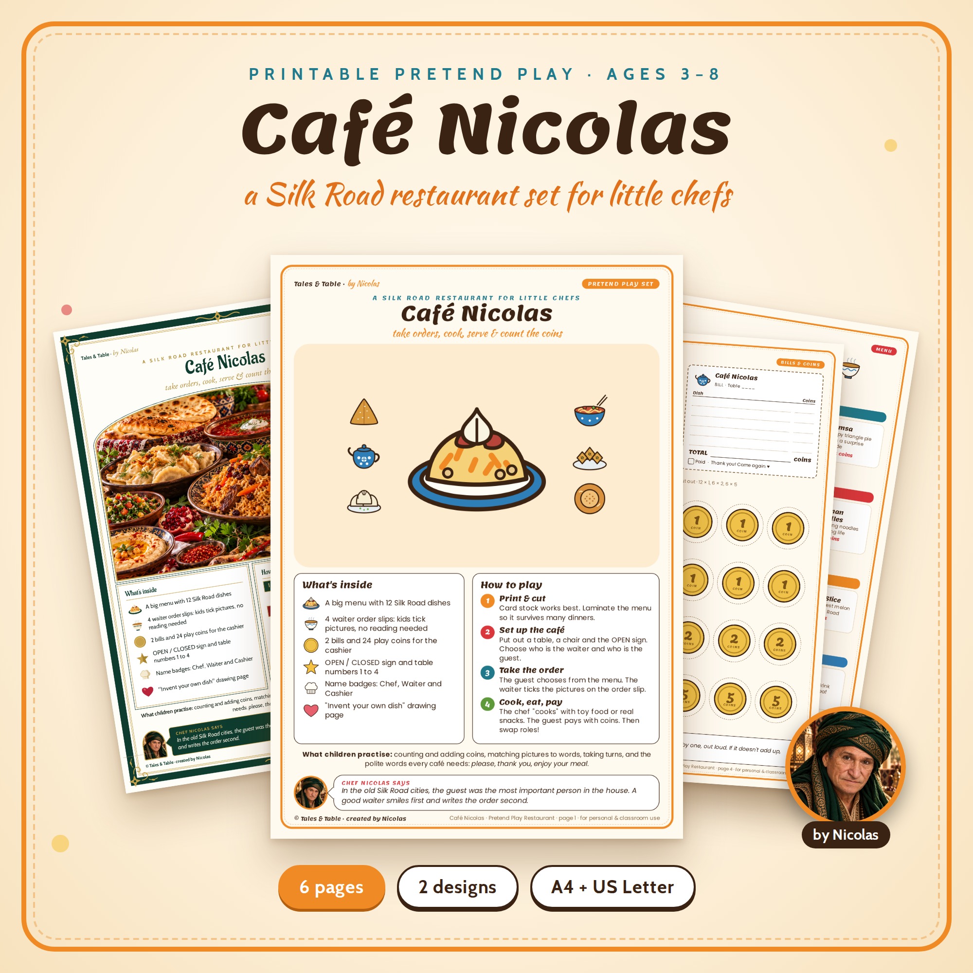 Café Nicolas printable pretend play restaurant set for kids, with menu, order slips, play coins and signs, in two designs.