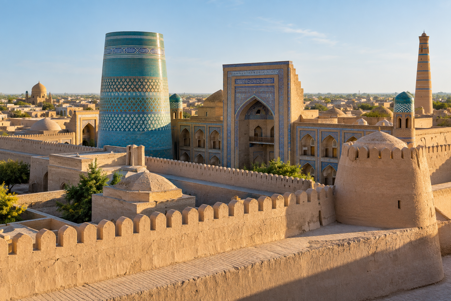 Sunlit walls and blue tiled architecture of Khiva’s Itchan Kala