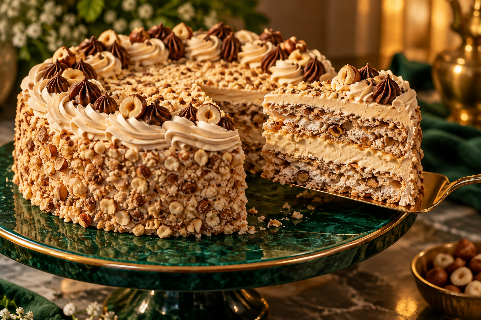 A slice of Kyiv cake with layered meringue, nuts and cream