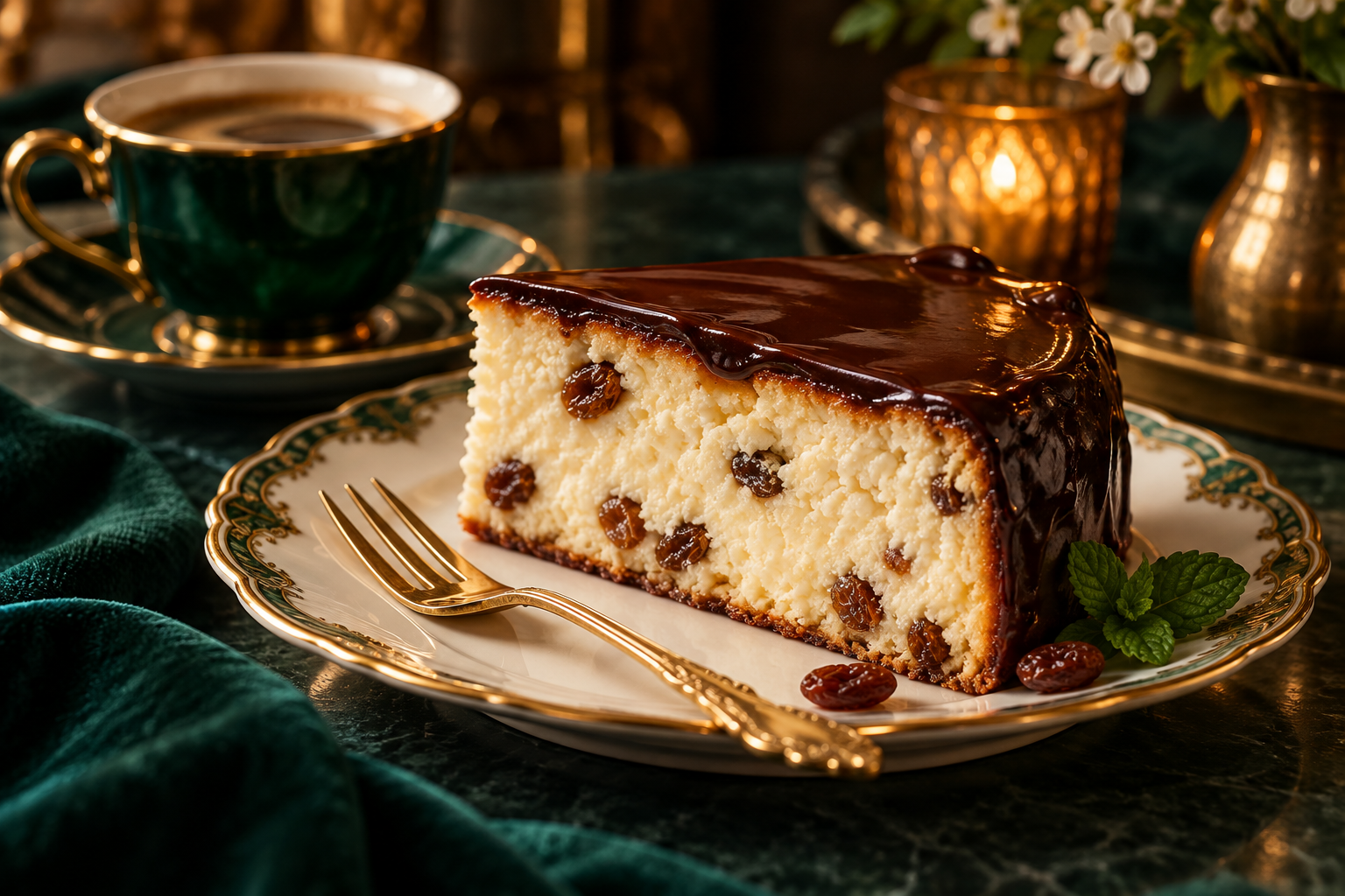A slice of Lviv syrnyk cheesecake with raisins and chocolate glaze