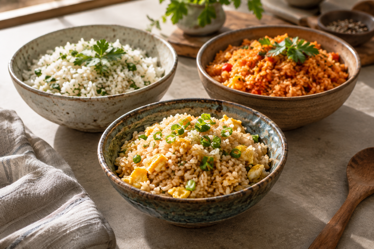 Three different rice dishes served in separate ceramic bowls