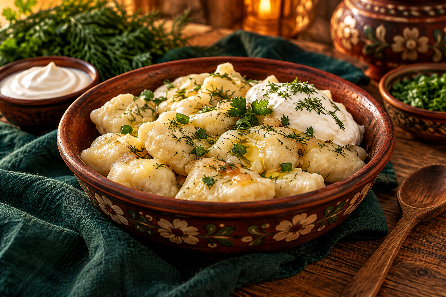 Poltava halushky dumplings with butter, herbs and sour cream