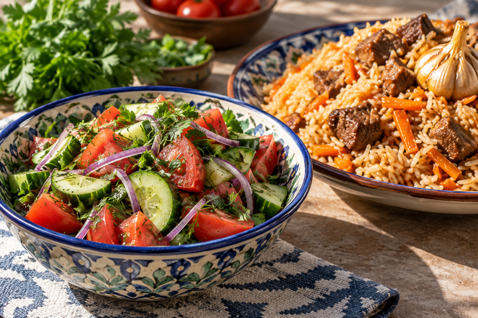 Tomato, cucumber and herb salad beside a serving of plov