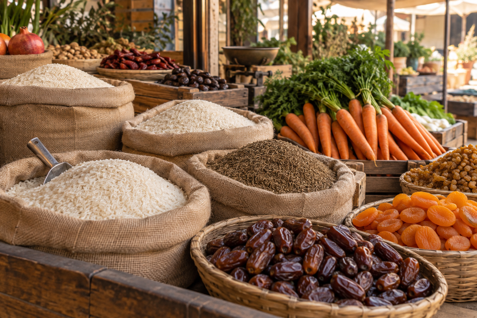 Market display of rice, carrots, cumin and dried fruit