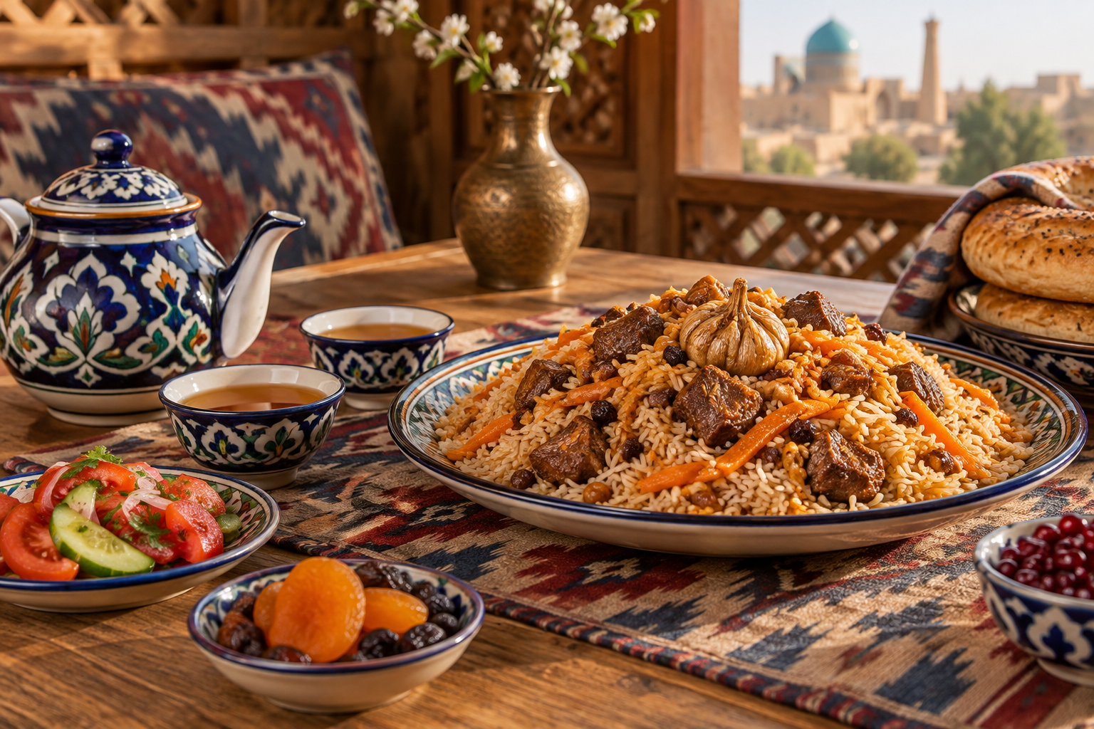 Teapot and small tea bowls beside a shared plov platter