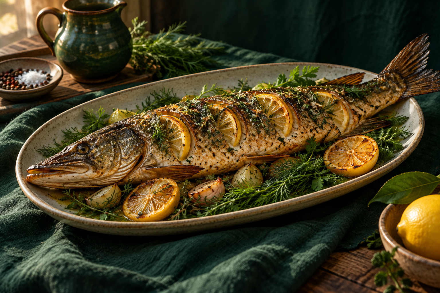 Ukrainian-style whole baked fish with lemon, herbs and onion