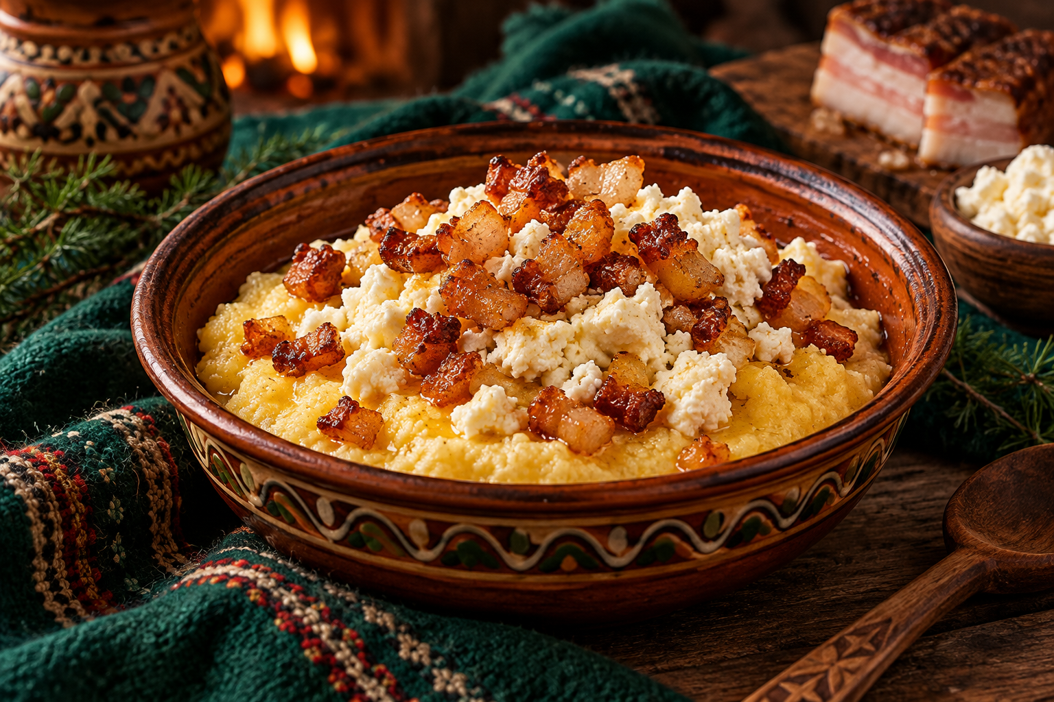 Hutsul banosh cornmeal porridge with bryndza and cracklings