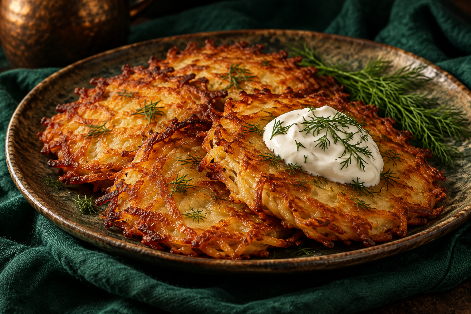 Golden potato pancakes served with sour cream and dill