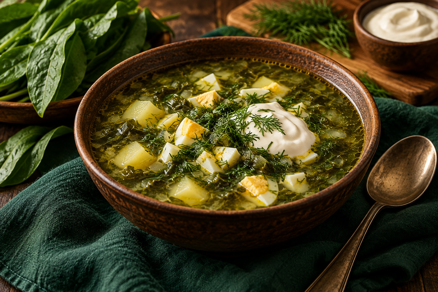Green borshch sorrel soup with egg, dill and sour cream