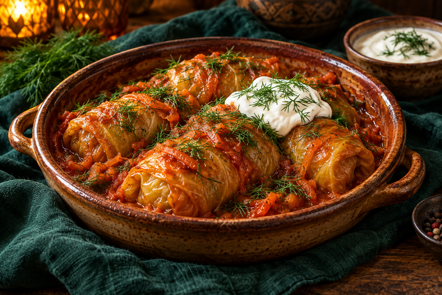 Cabbage rolls filled with rice and meat in tomato sauce