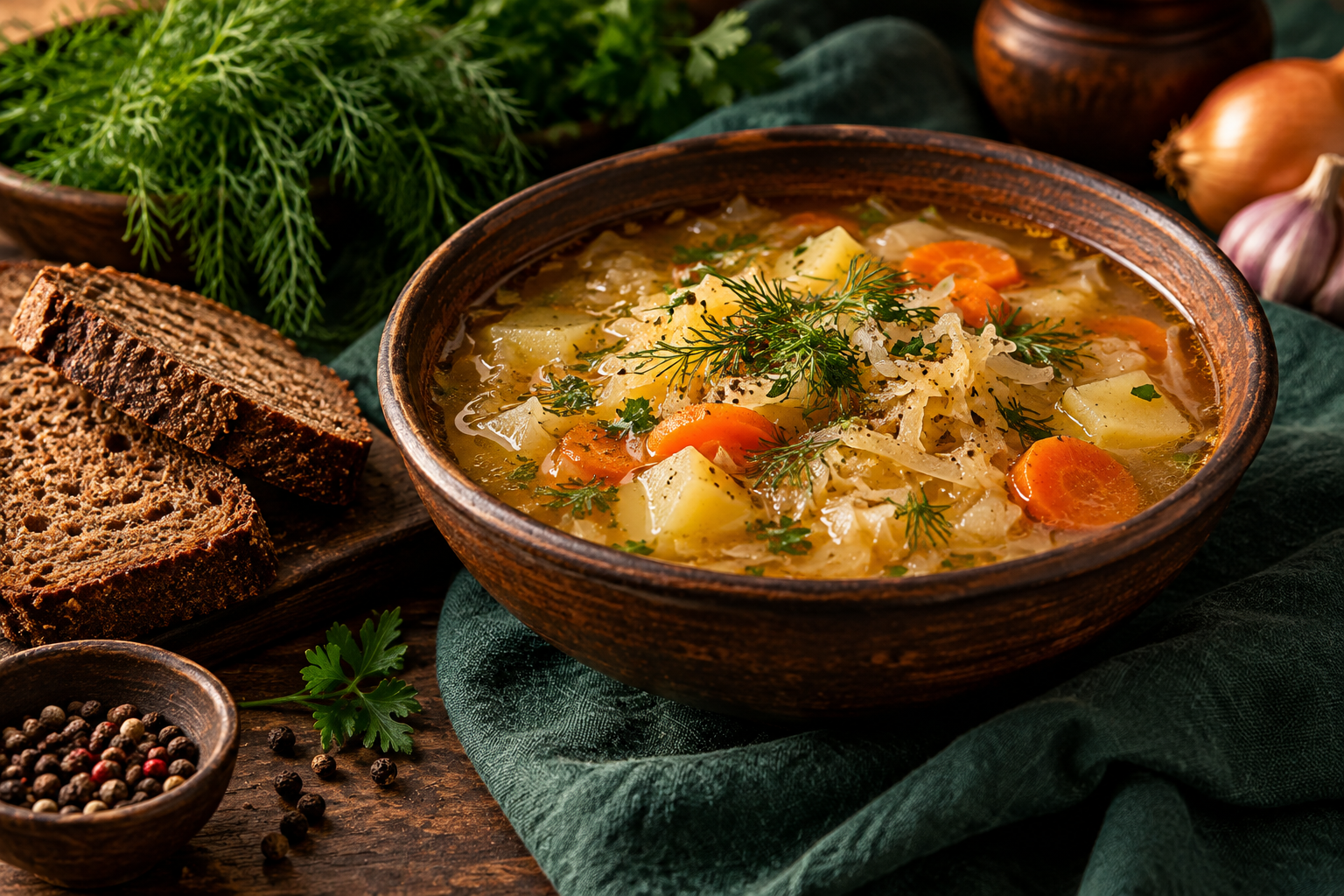 A bowl of kapusniak sauerkraut soup with rye bread