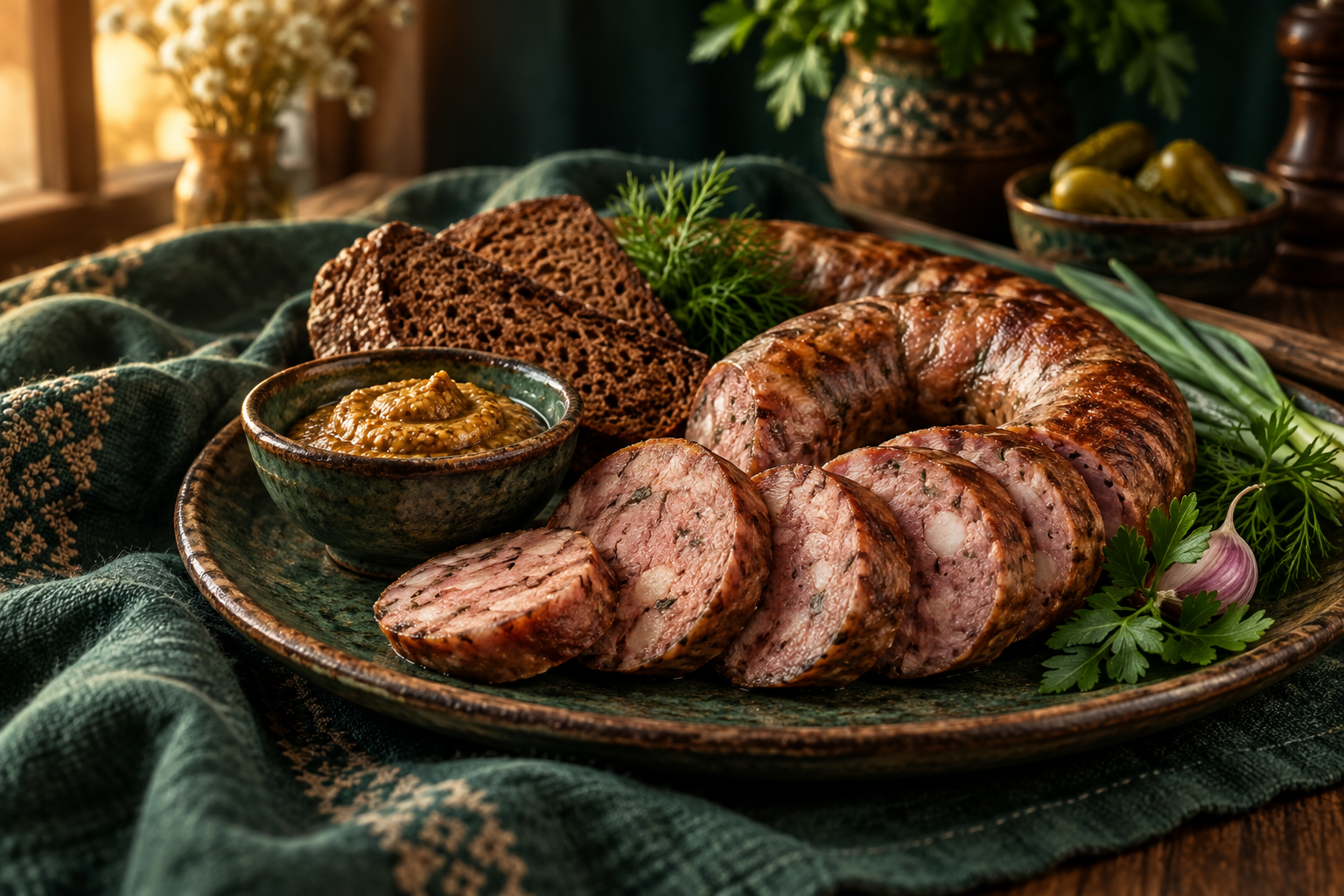 Sliced Ukrainian kovbasa sausage with rye bread, mustard and herbs