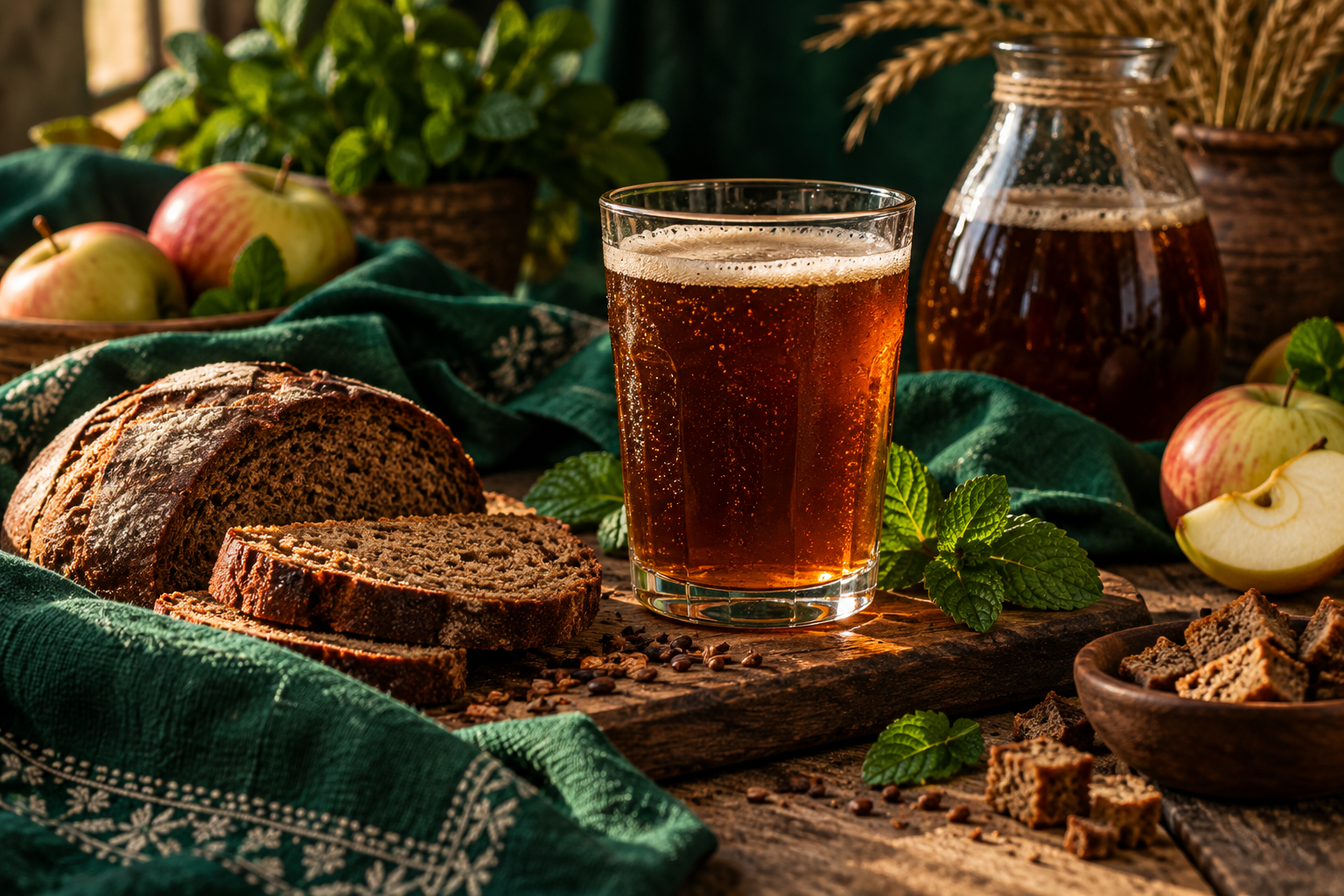 A glass of Ukrainian rye bread kvass with apples, mint and rye bread