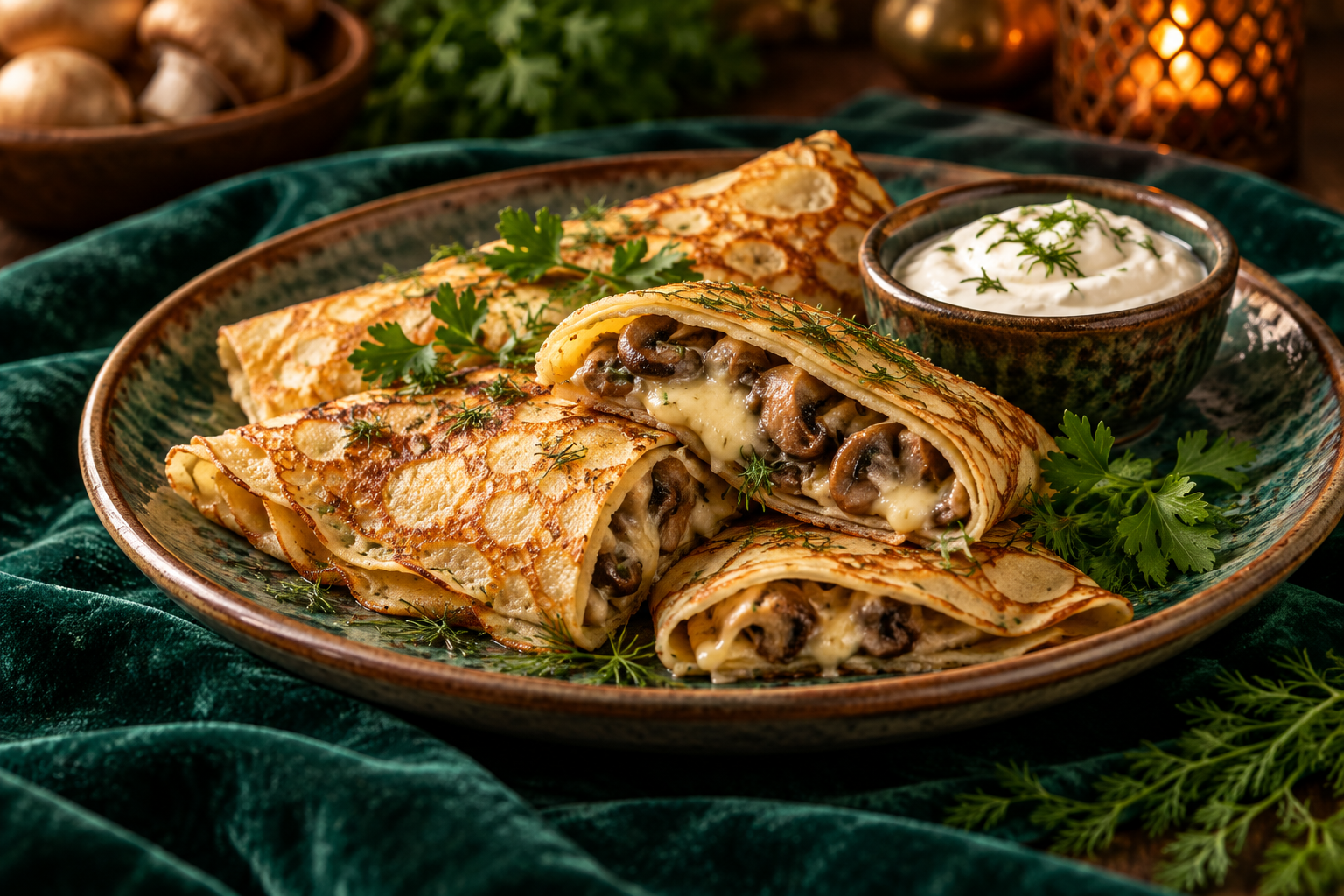 Ukrainian mlyntsi pancakes folded around a savory mushroom filling