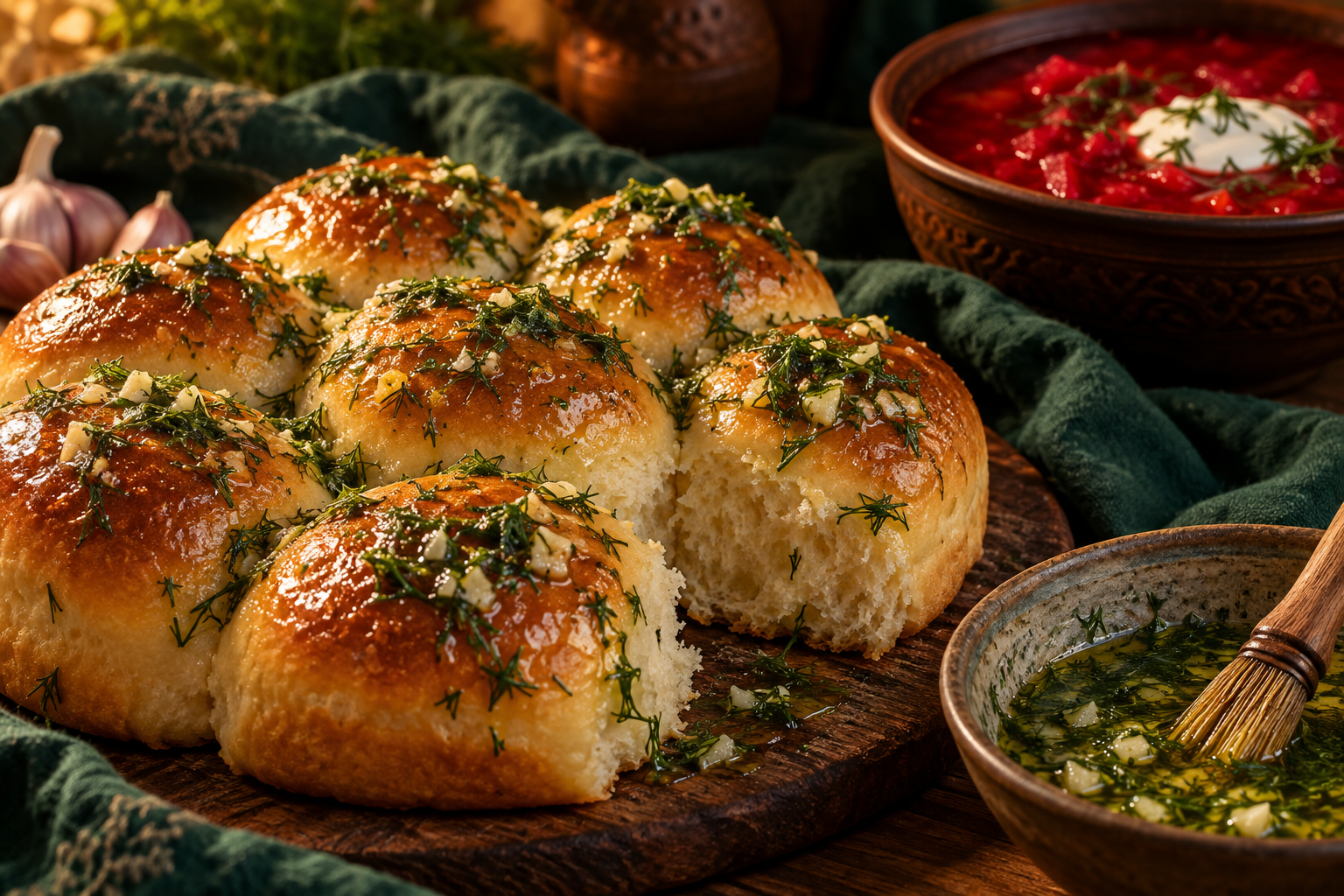 Golden garlic pampushky buns served beside a bowl of borshch