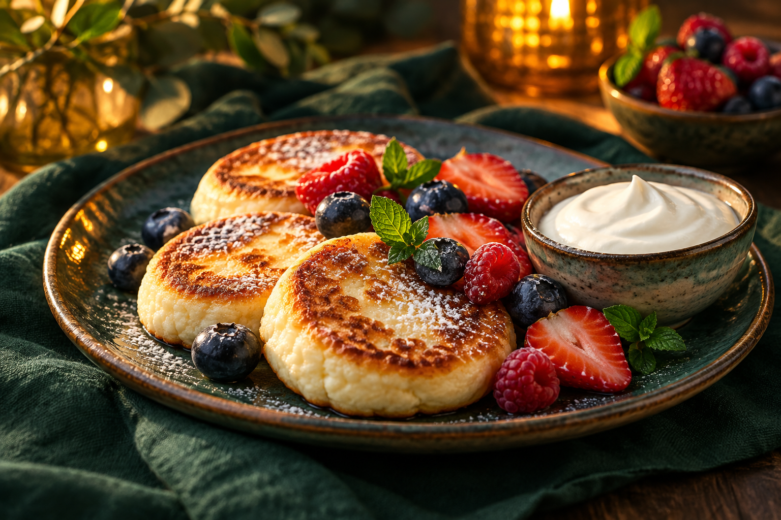 Cottage cheese syrnyky pancakes with berries and sour cream